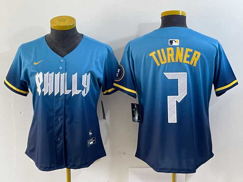 Women%27s Philadelphia Phillies #7 Trea Turner Blue 2024 City Connect Limited Stitched Jersey